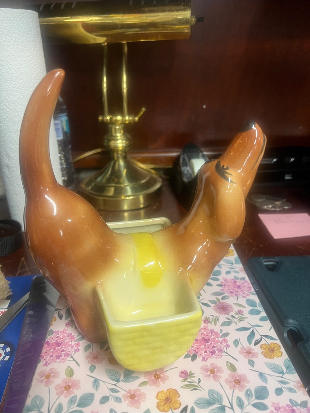 Ceramic Dachshund Planter in Brown and Yellow